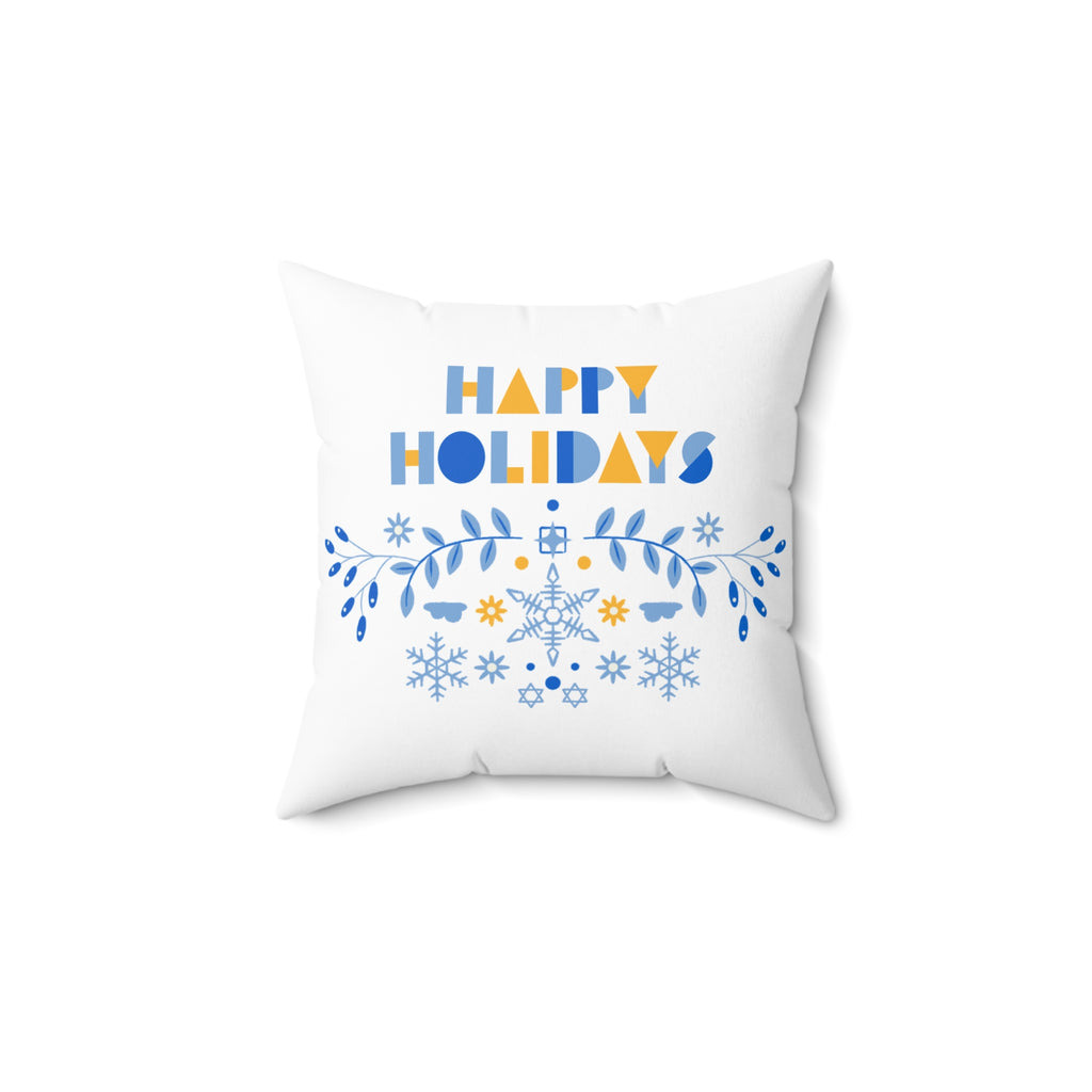 Happy Holidays Square Pillow - Blue & Yellow Snowflake Holiday Decor
