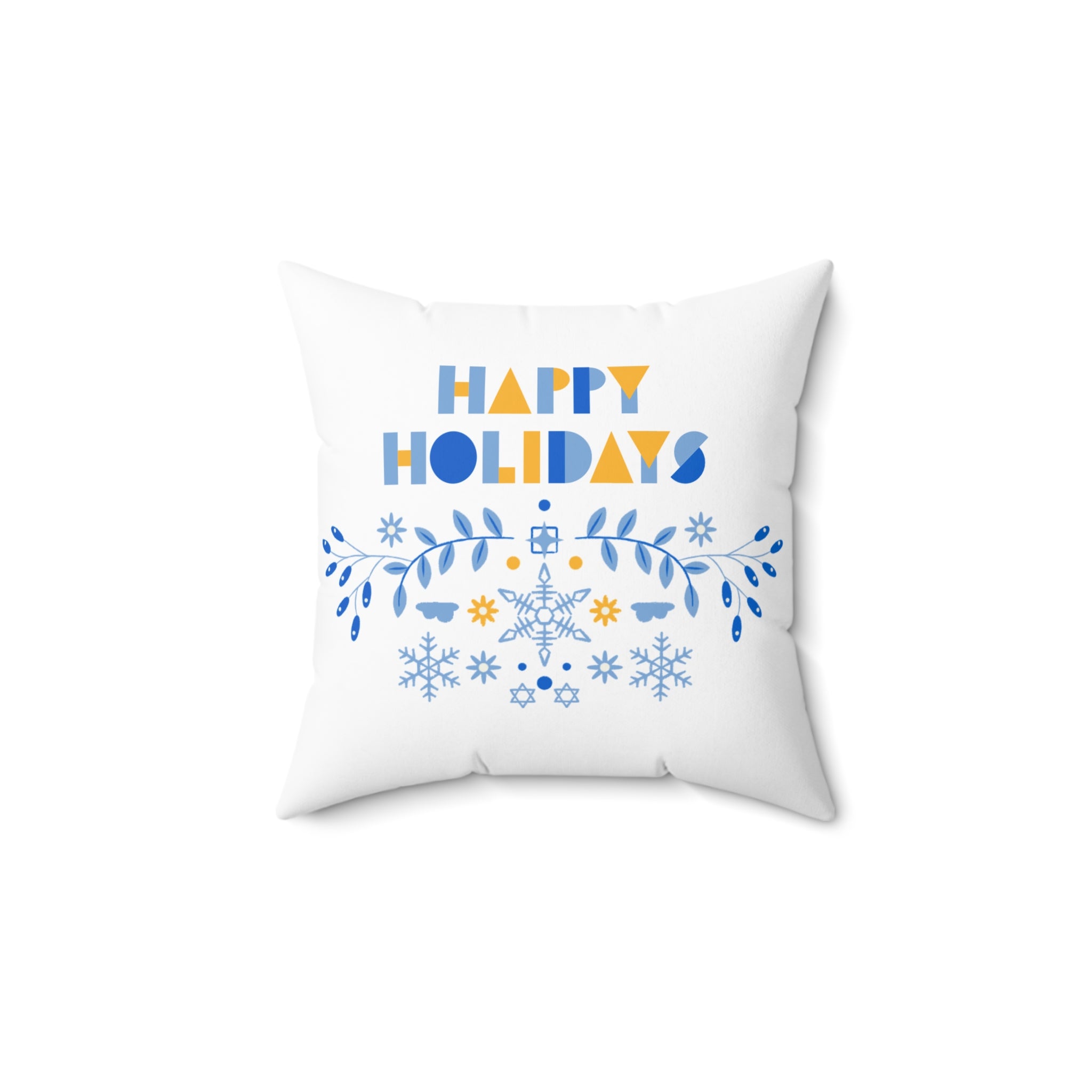 Happy Holidays Square Pillow - Blue & Yellow Snowflake Holiday Decor